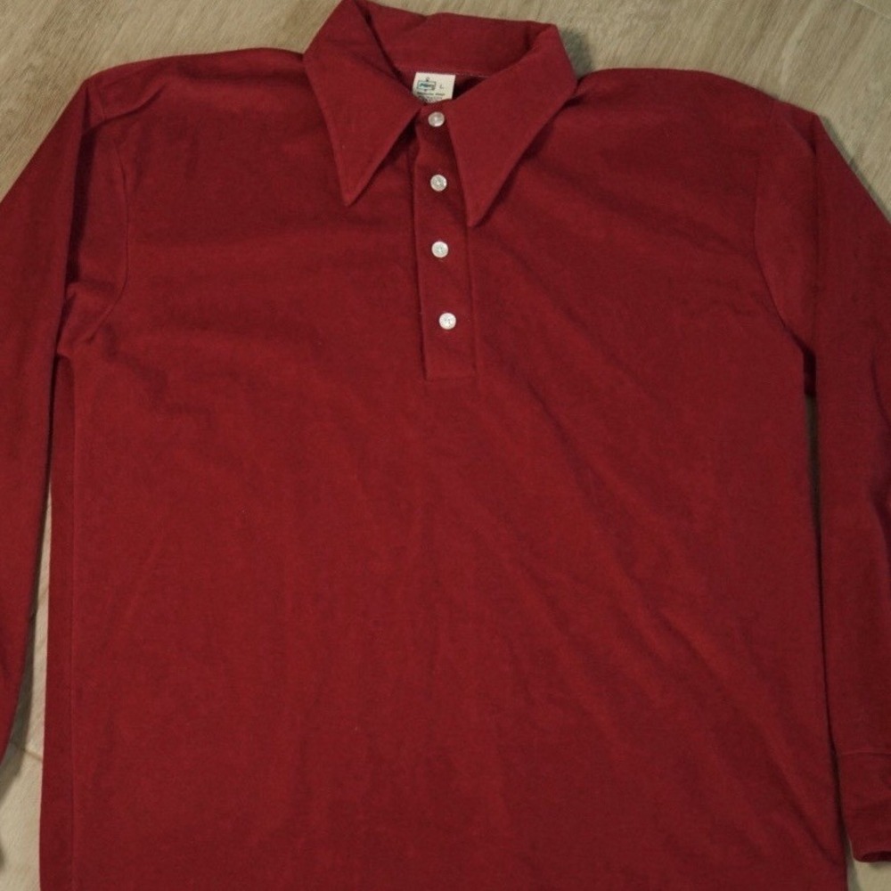 Vintage Kmart Burgundy Red Long Sleeve Polo Shirt Dagger Collar Mens L USA Made